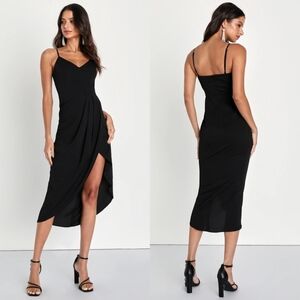 Lulus Reinette Black Midi Dress S Wedding Party Guest Bridesmaid Evening NWOT